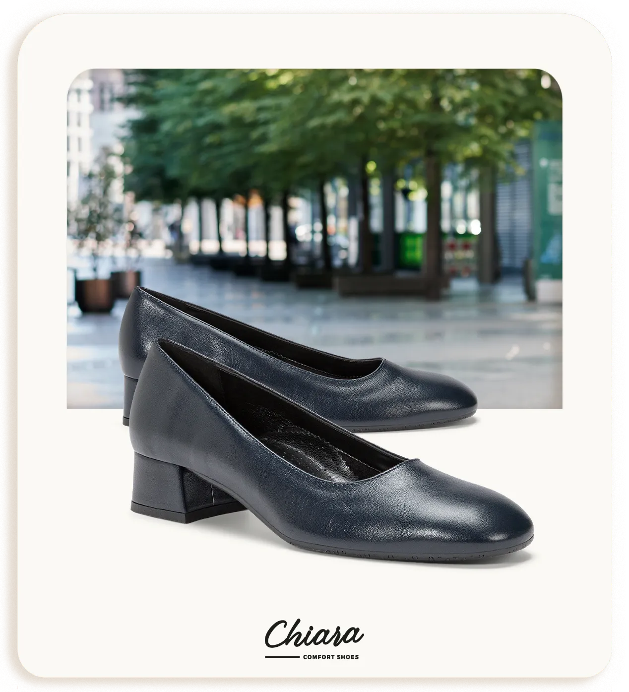 Scarpa Chiara Comfort modello Maestra in ecopelle blu con tacco basso, elegante e comoda da donna