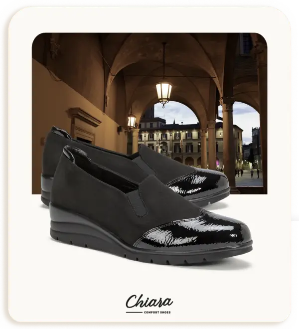 Scarpe con plantare morbido nere da donna, modello slip-on elegante con punta in vernice lucida