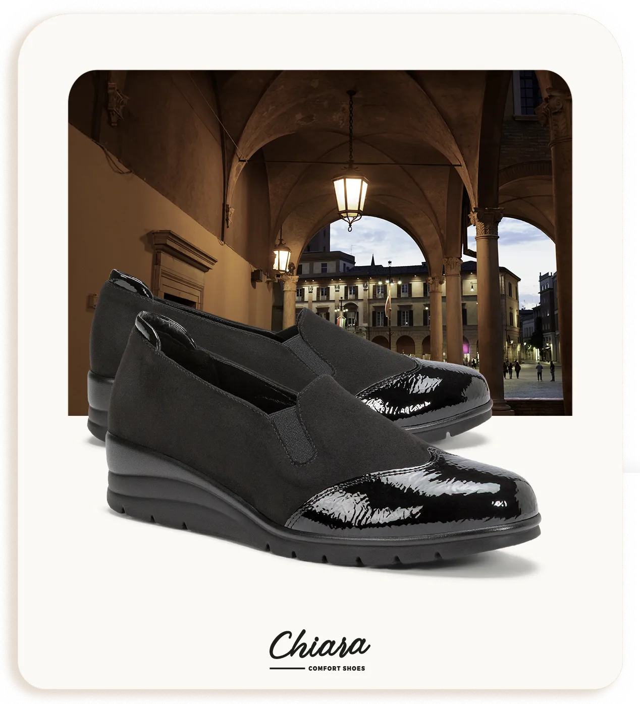 Scarpe con plantare morbido nere da donna, modello slip-on elegante con punta in vernice lucida