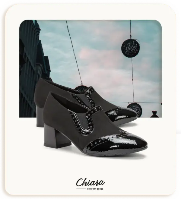 Scarpa elegante Chiara Comfort Black Elegance in camoscio sintetico nero con dettagli in naplak lucido