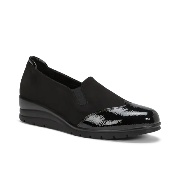 Scarpe con plantare morbido nere da donna – slip-on elegante con punta lucida in vernice nera