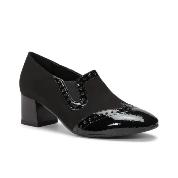 Slip-on donna nero con tacco largo, puntale in vernice e dettagli brogue, linea Chiara Comfort del Calzaturificio Due Emme.