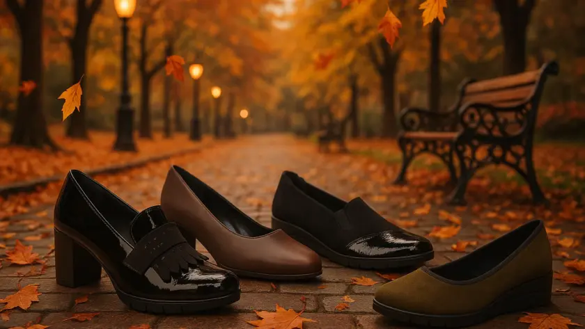 Scarpe pianta larga donna Chiara Comfort esposte in un viale autunnale con foglie e lampioni