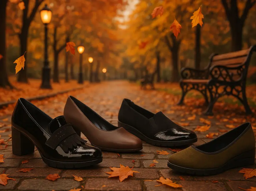 Scarpe pianta larga donna Chiara Comfort esposte in un viale autunnale con foglie e lampioni
