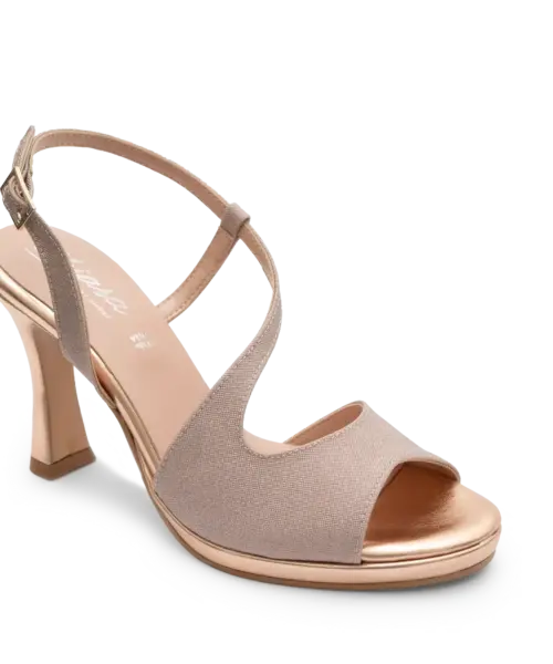 Sandalo Cerimonia Peonia in lurex cipria con dettagli bronzo, vista laterale del tacco a colonna 9 cm e plateau