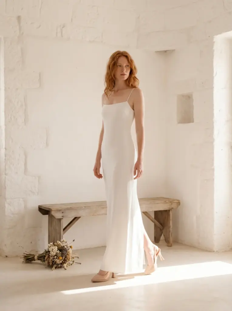Scarpa da cerimonia color carne Ginevra con abito sposa minimal