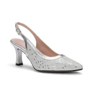 Artemisia, slingback da cerimonia in laminato argento e glitter con paillettes, fatta a mano a Trani