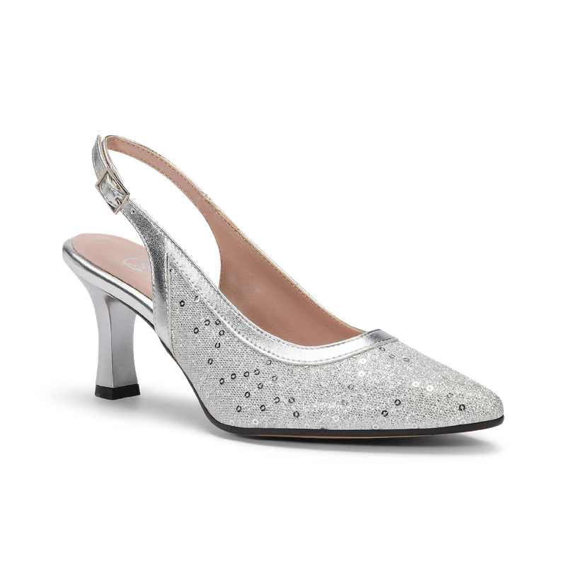 Artemisia, slingback da cerimonia in laminato argento e glitter con paillettes, fatta a mano a Trani