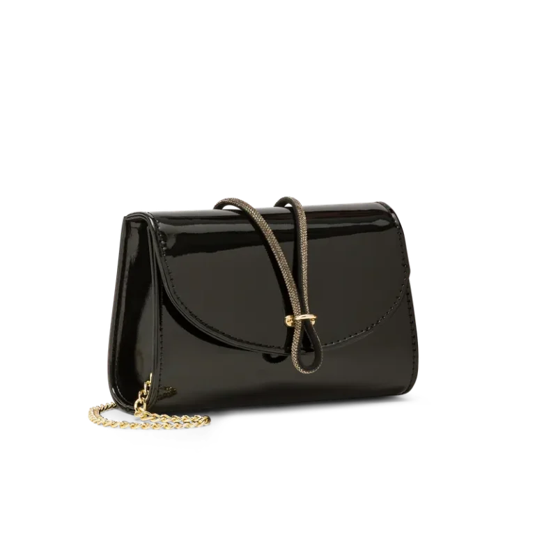 Corolla Nero, pochette en cuir verni noir, faite main à Trani