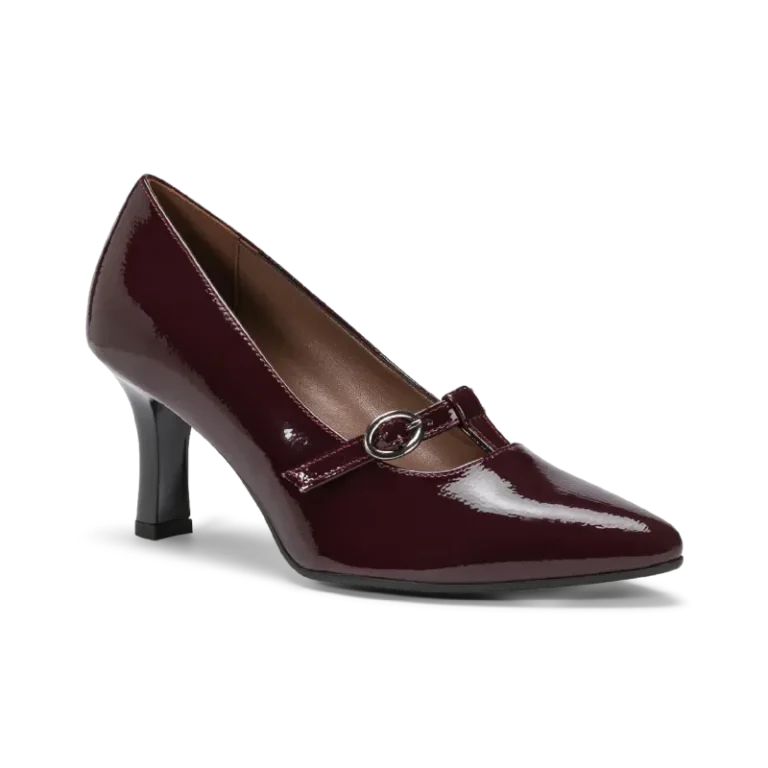 Mary Jane Eolia en cuir verni bordeaux avec bride et boucle, faite main à Trani