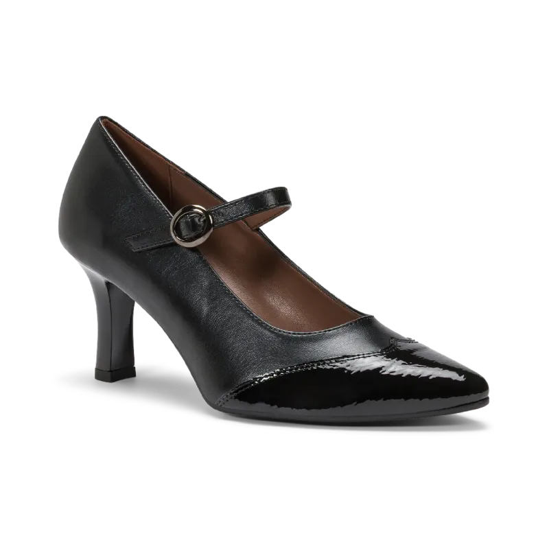 Mary Jane Etesia in vera pelle noire avec bout en cuir verni et bride à boucle, faite main à Trani