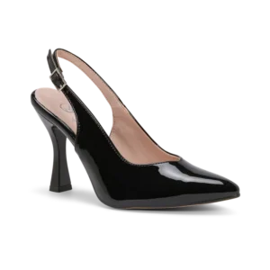 Etherea, slingback da cerimonia in vernice nero, fatta a mano a Trani