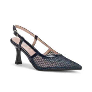 Fiordalisa, slingback da cerimonia in rete/tulle blu notte, fatta a mano a Trani