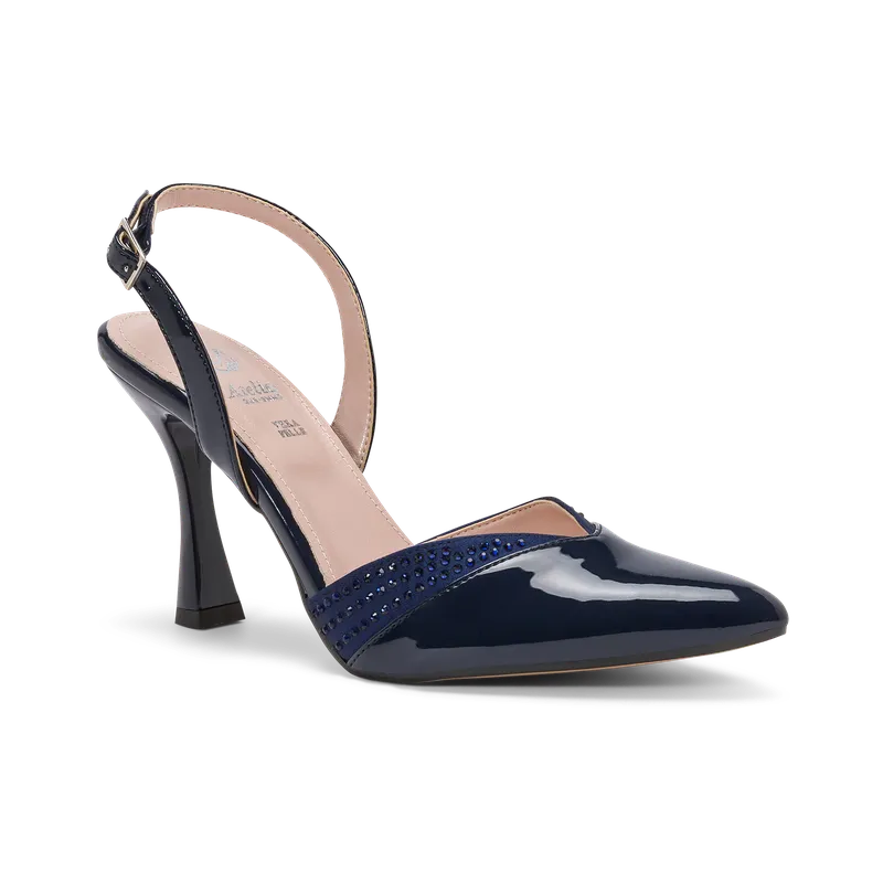 Gelsomina, slingback de cérémonie en cuir verni bleu nuit, faite main à Trani