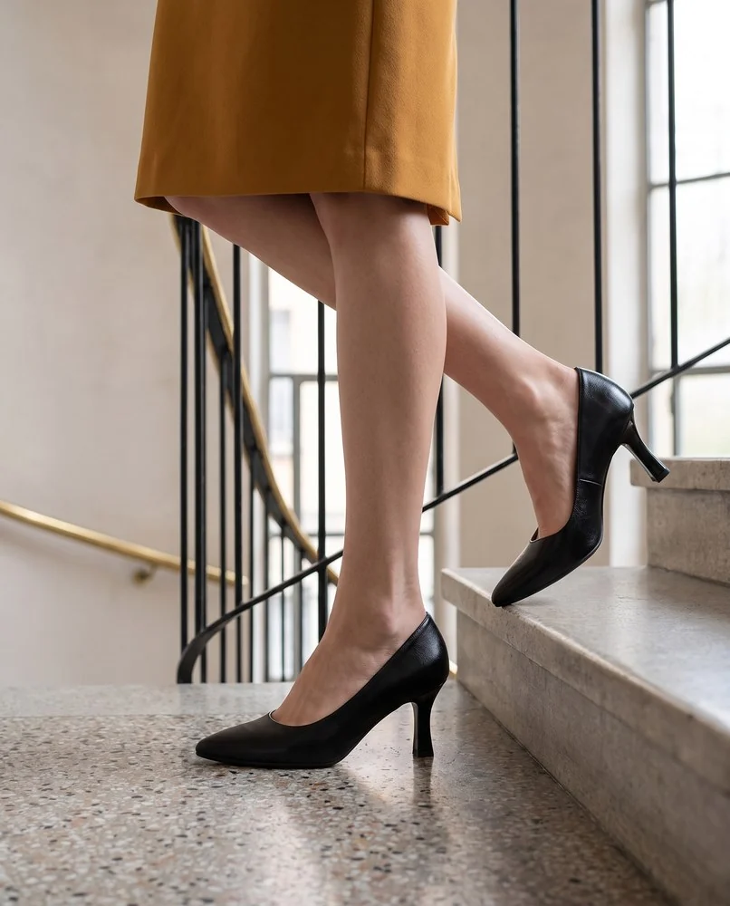 Grazia in vera pelle, escarpin noir pointu à talon de 6,5 cm, porté avec une jupe ocre dans un escalier moderniste