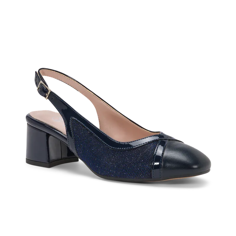 Marte, slingback da cerimonia in tessuto lurex blu notte, fatta a mano a Trani